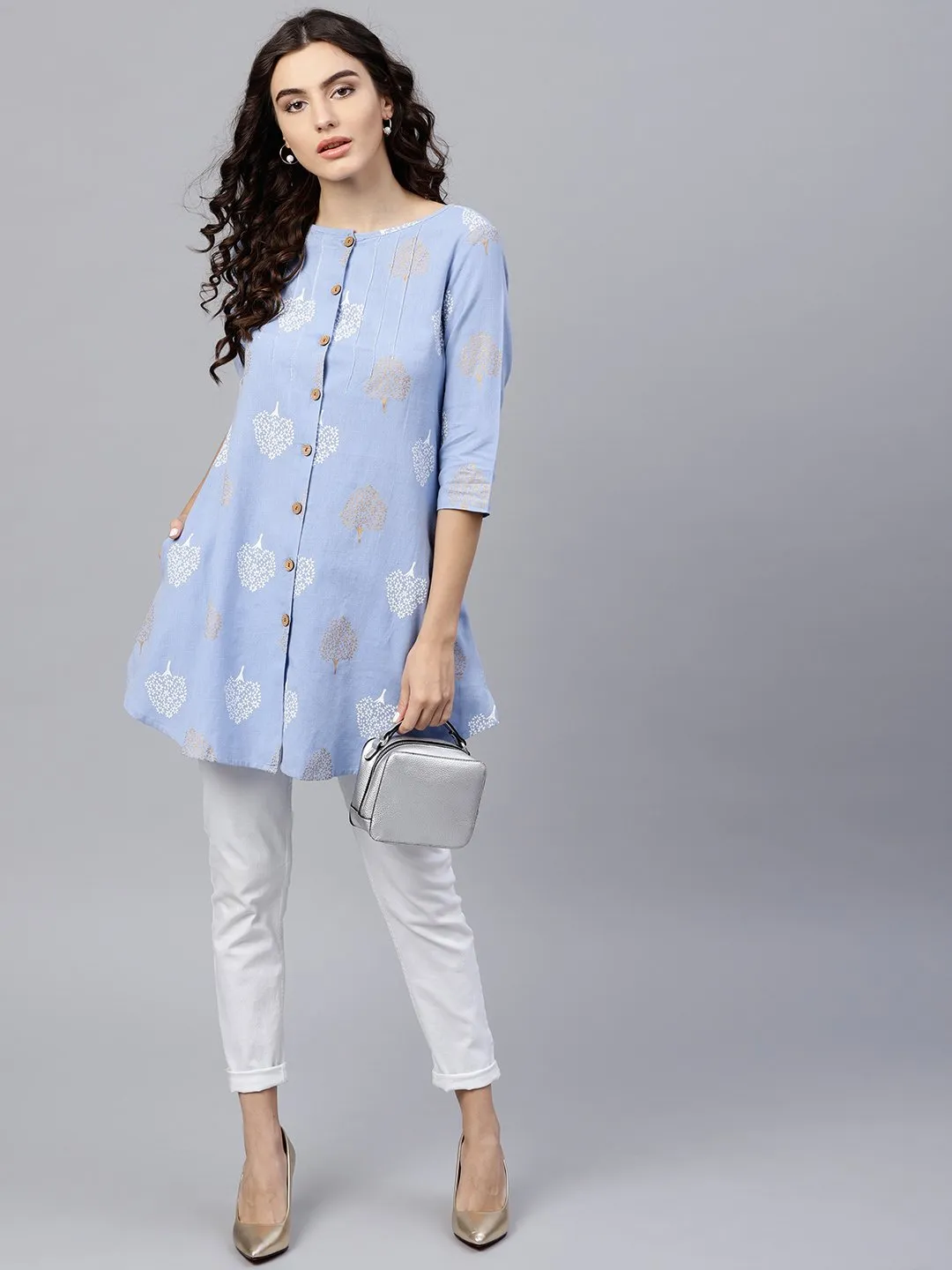 Round Neck Light Blue Printed Tunic With Front Placket And 3/4 Sleeves