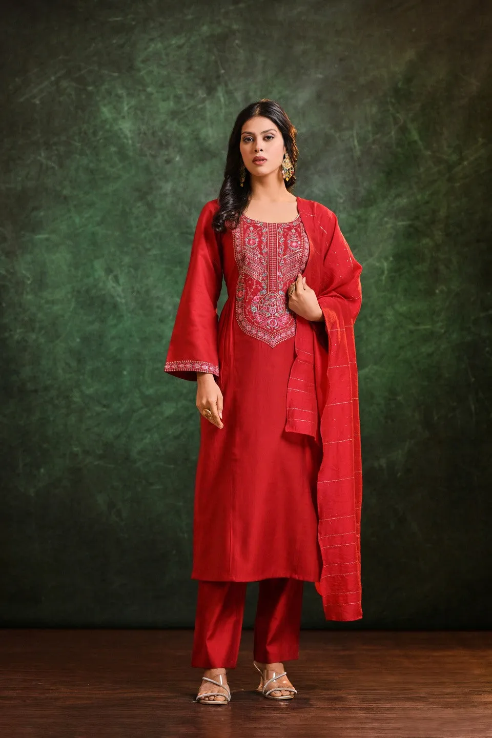 Ruby Radiance Roman  Silk Kurta Set With Dupatta