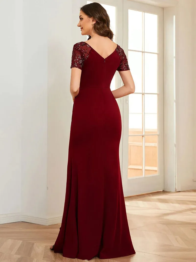 Ruched Belt Bridesmaid Dress with Deep-V Side Split Applique