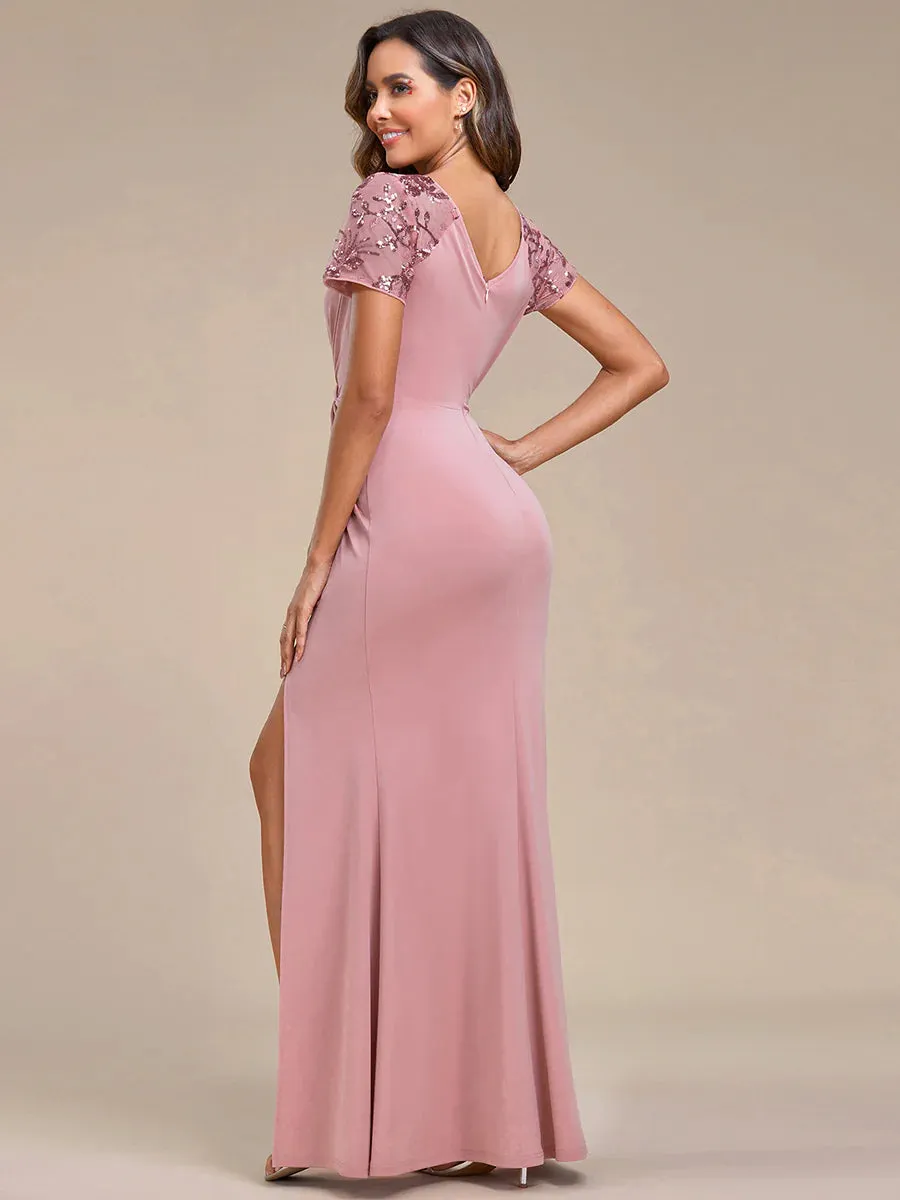 Ruched Belt Bridesmaid Dress with Deep-V Side Split Applique