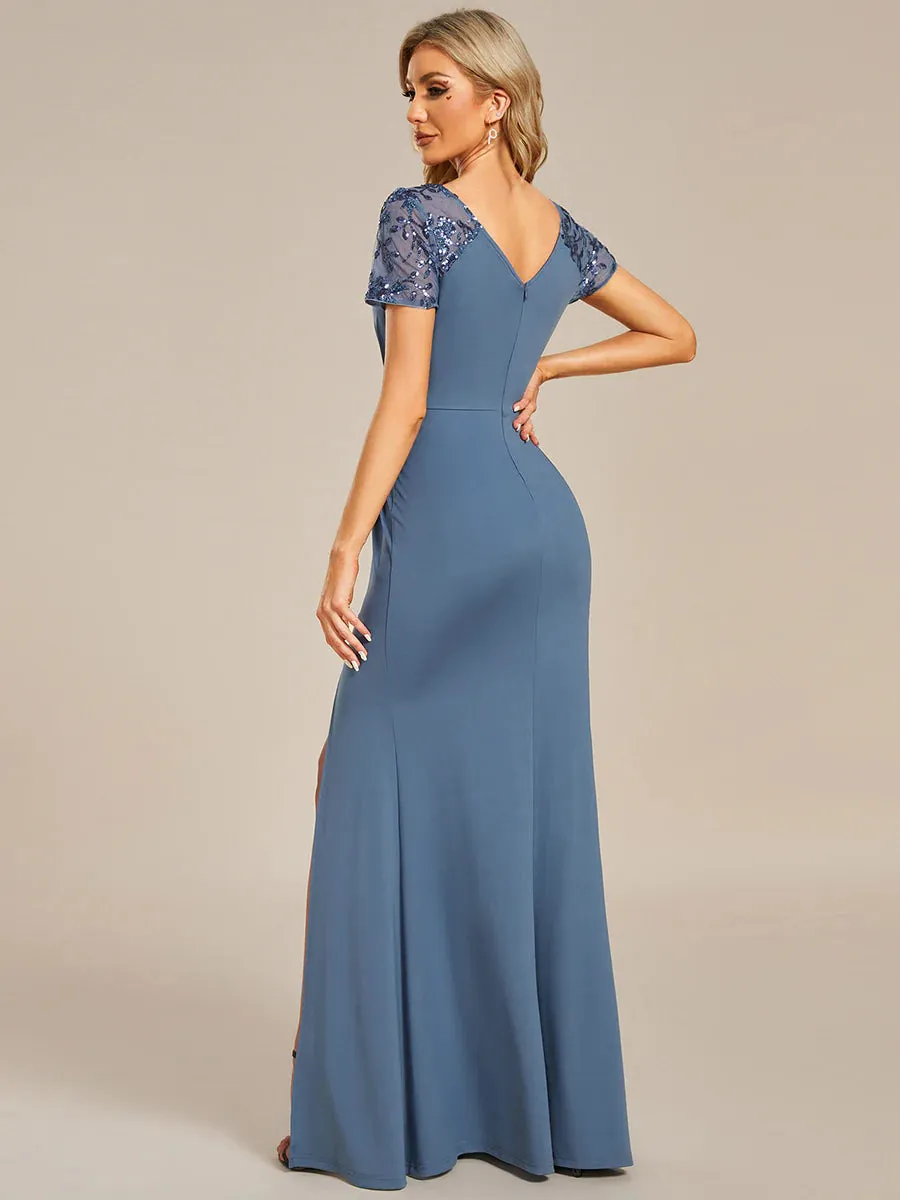 Ruched Belt Bridesmaid Dress with Deep-V Side Split Applique