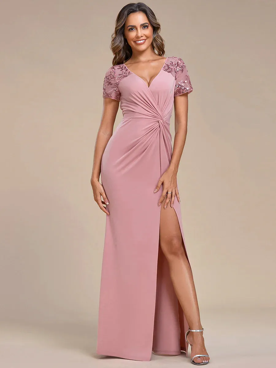 Ruched Belt Bridesmaid Dress with Deep-V Side Split Applique