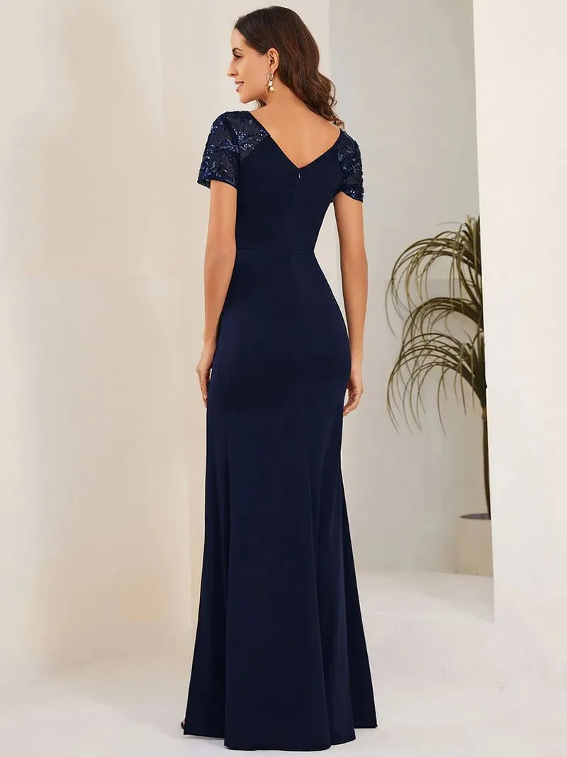 Ruched Belt Bridesmaid Dress with Deep-V Side Split Applique