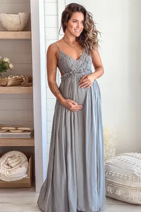 Sage Crochet Top Maternity Maxi Dress with Frayed Hem