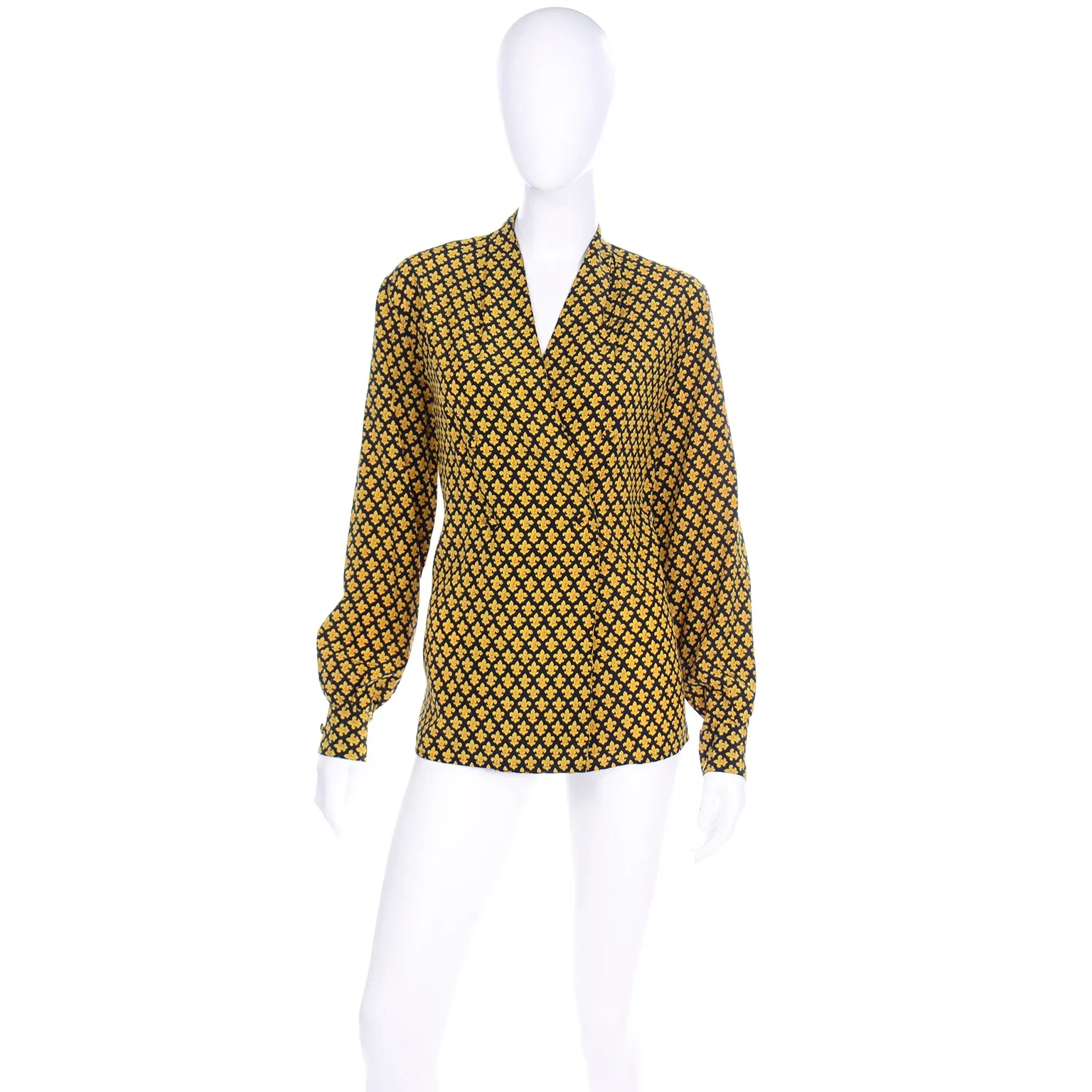 Salvatore Ferragamo Vintage Silk Yellow Fleur de Lis Print Blouse