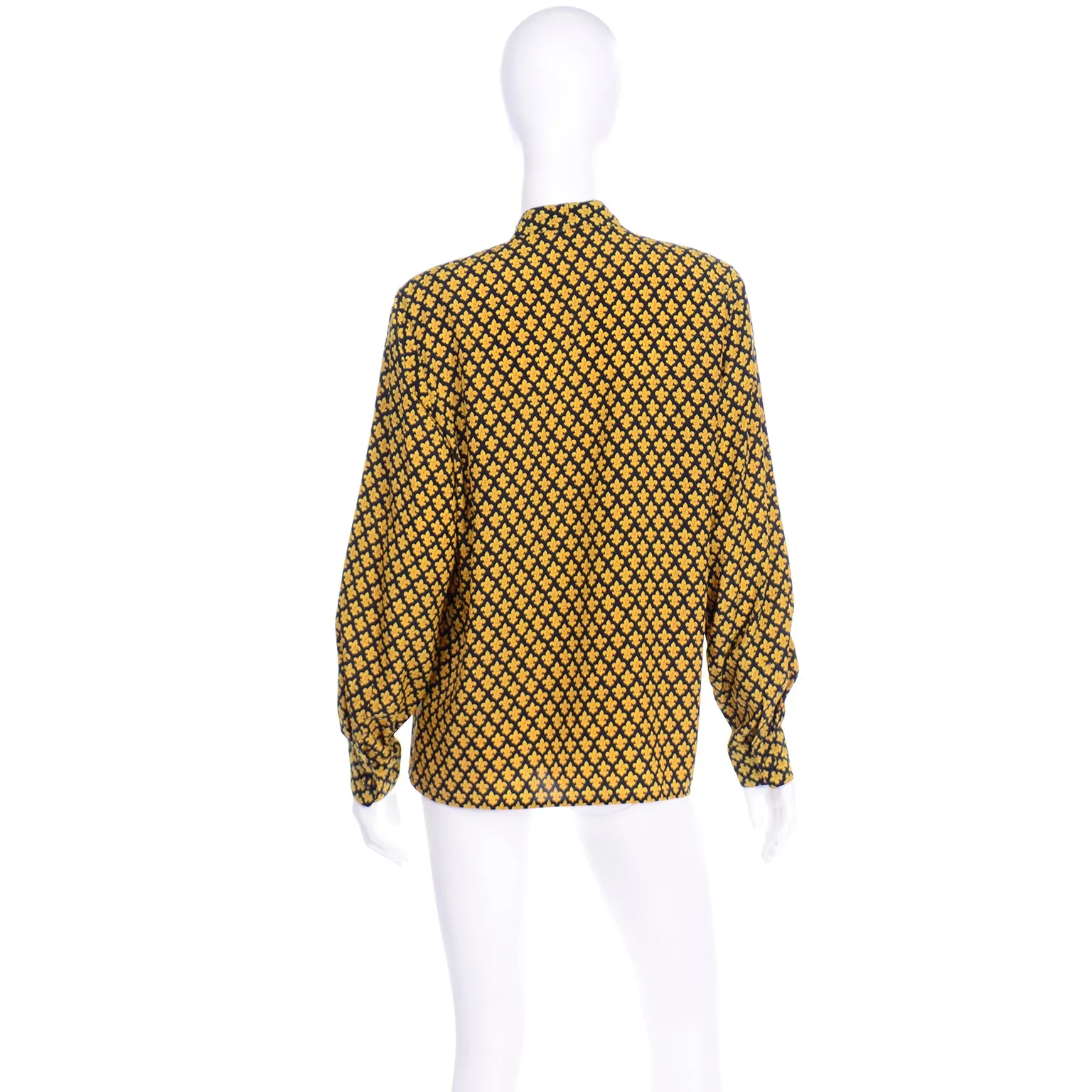 Salvatore Ferragamo Vintage Silk Yellow Fleur de Lis Print Blouse