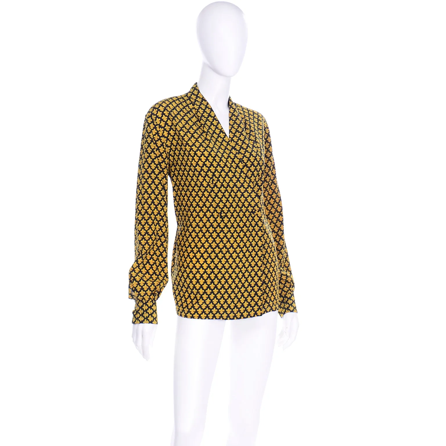 Salvatore Ferragamo Vintage Silk Yellow Fleur de Lis Print Blouse