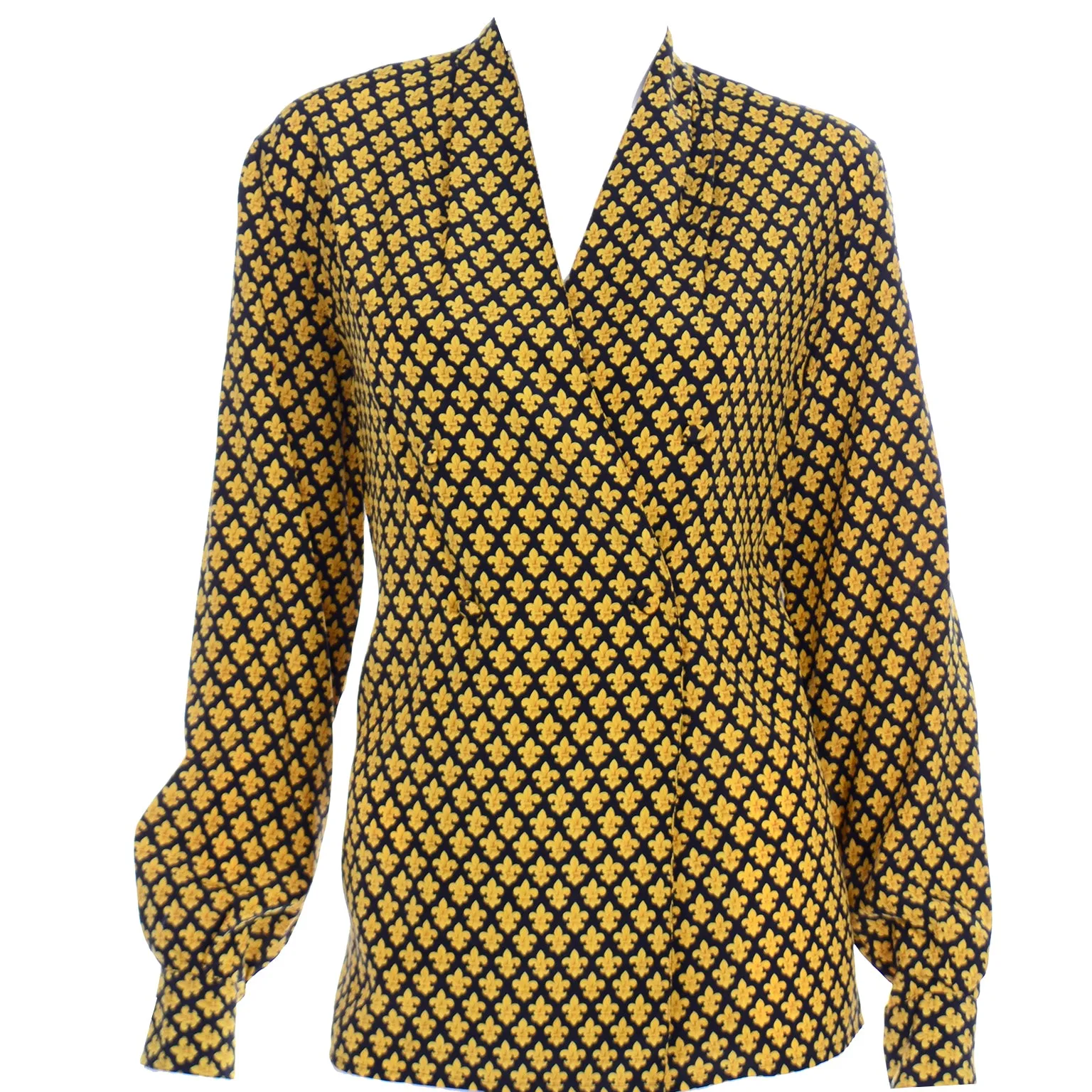 Salvatore Ferragamo Vintage Silk Yellow Fleur de Lis Print Blouse