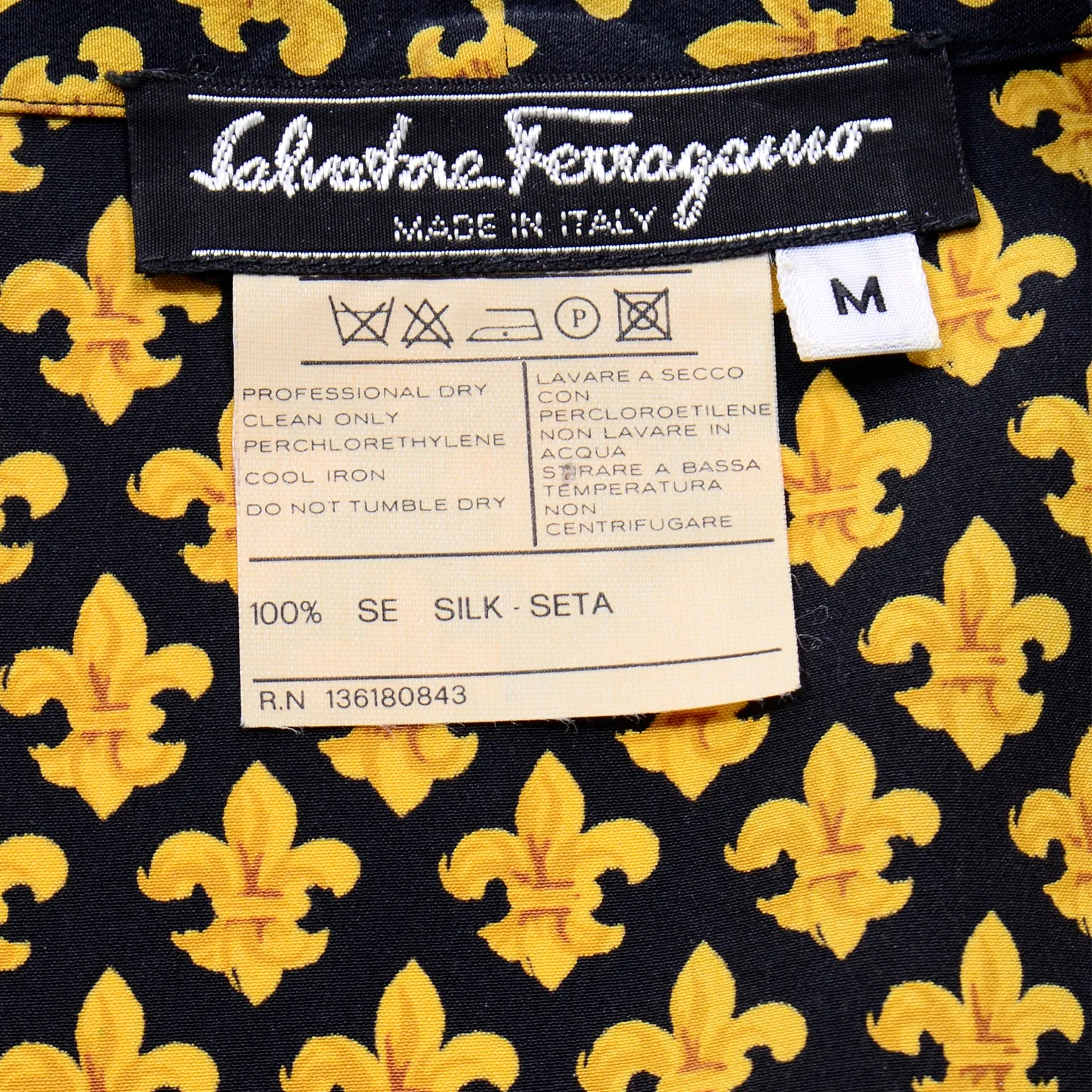 Salvatore Ferragamo Vintage Silk Yellow Fleur de Lis Print Blouse