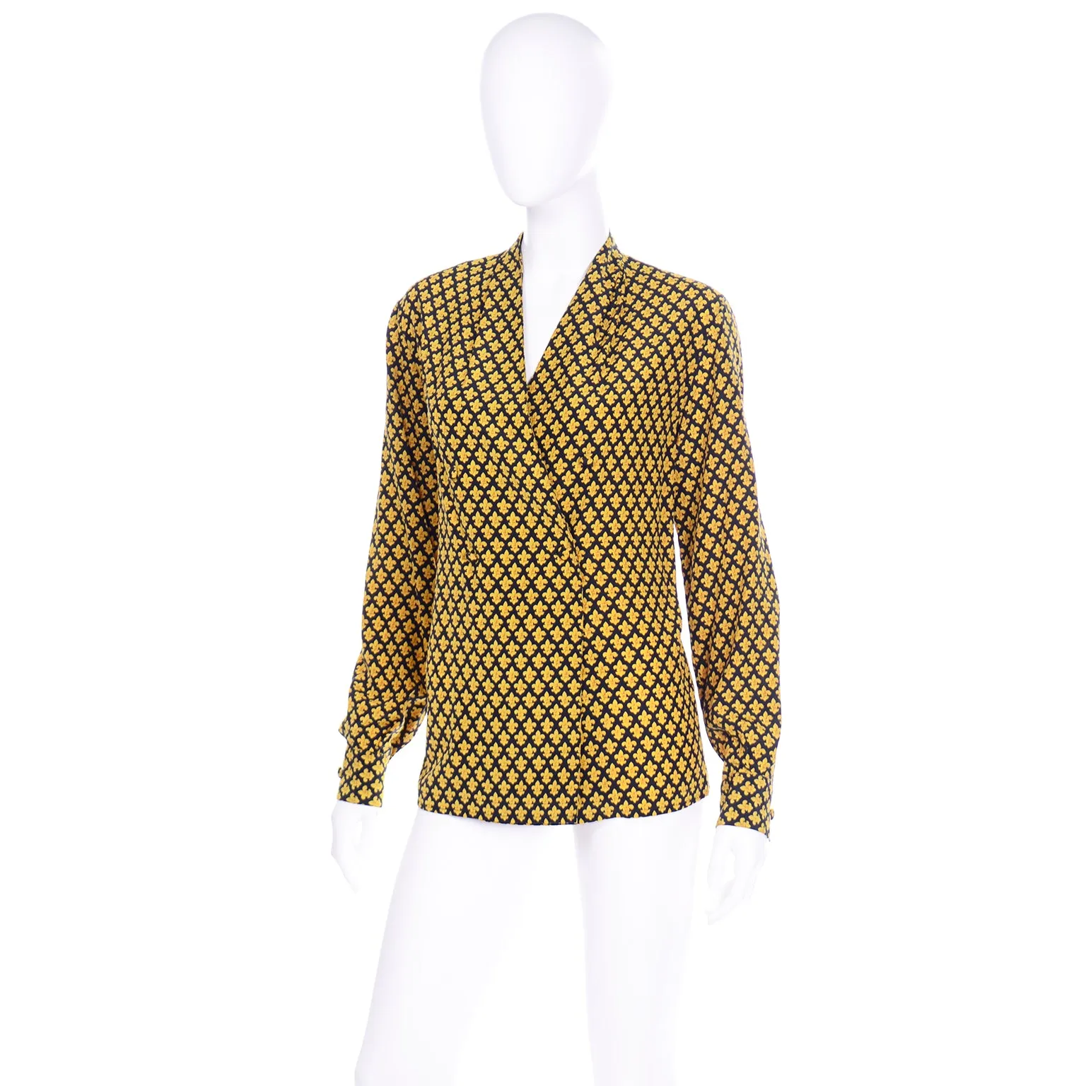 Salvatore Ferragamo Vintage Silk Yellow Fleur de Lis Print Blouse