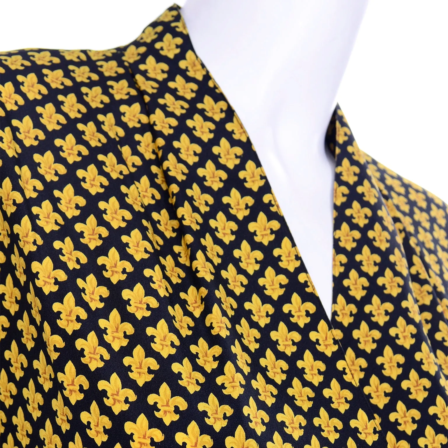 Salvatore Ferragamo Vintage Silk Yellow Fleur de Lis Print Blouse