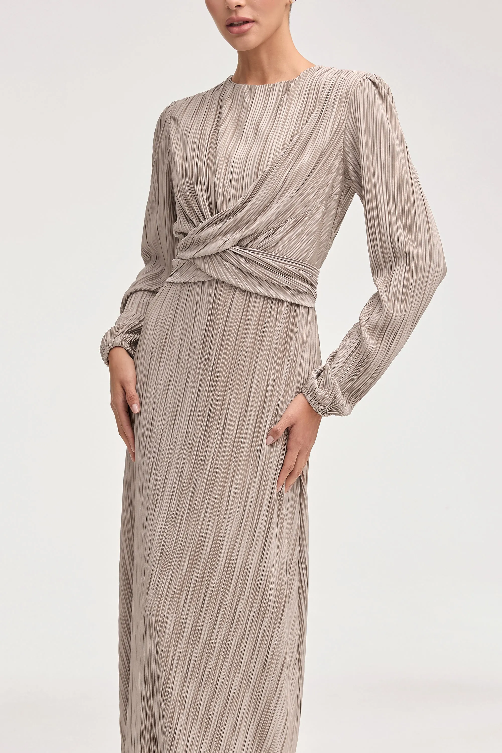 Samara Satin Plisse Wrap Waist Maxi Dress - Taupe