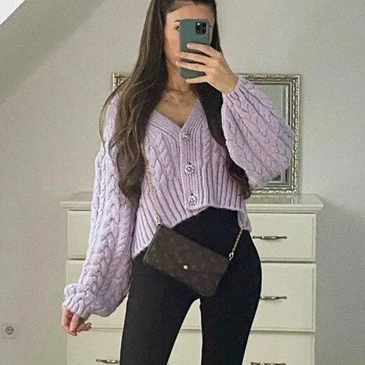 Sequined Button Knitted Purple Cardigan Sweater