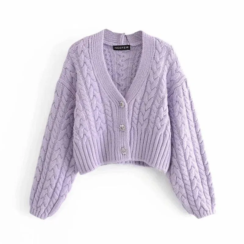 Sequined Button Knitted Purple Cardigan Sweater