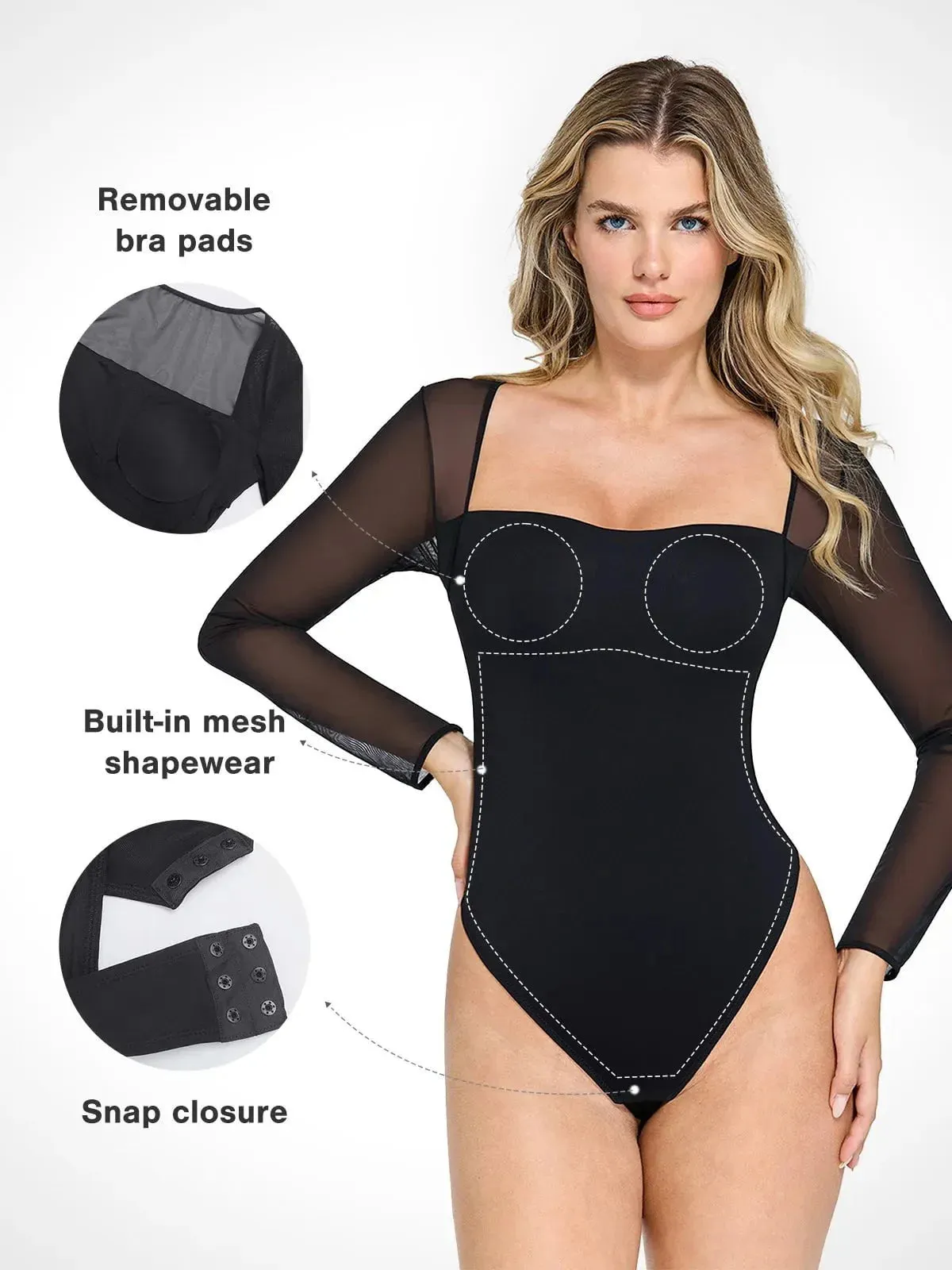 Shapewear Mesh Sleeve Square Neck Sculpting Bodysuit