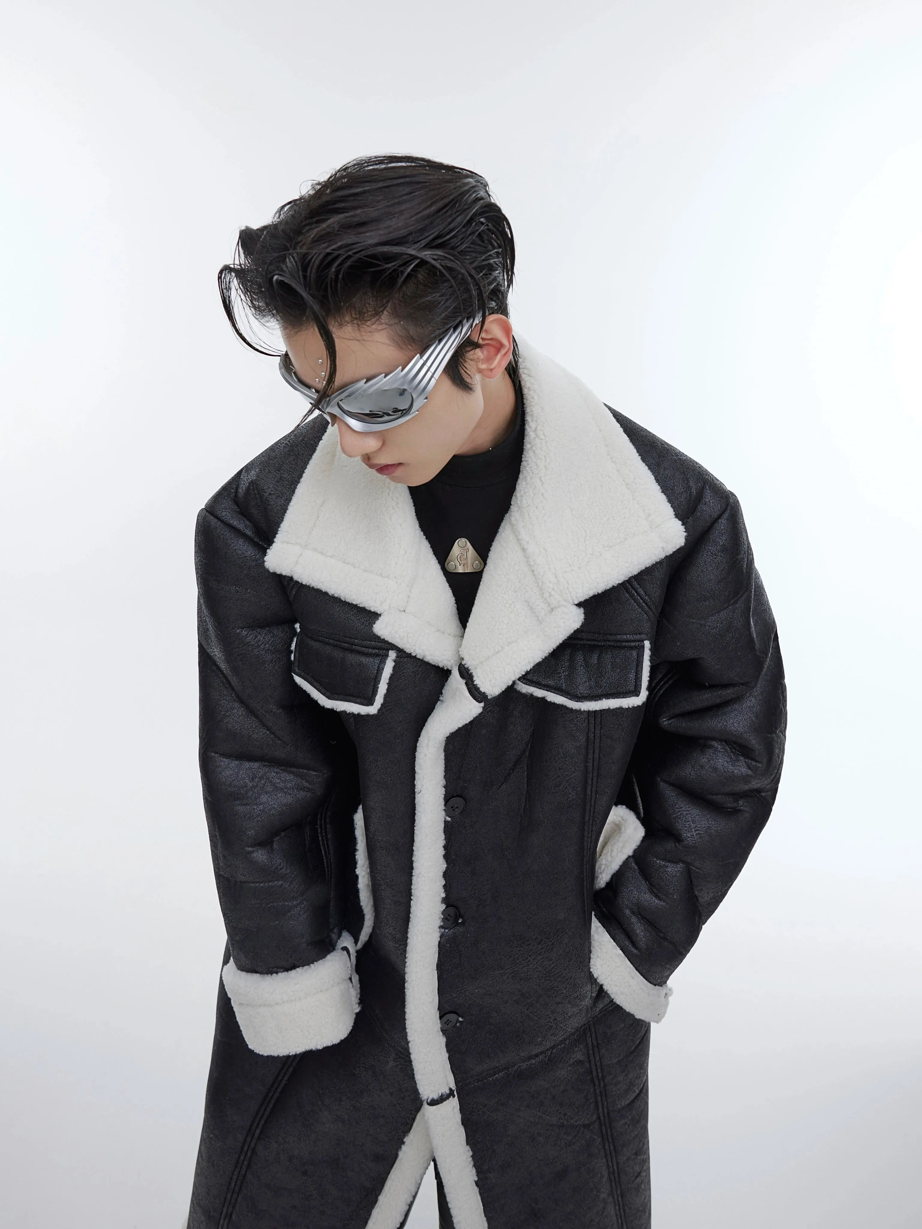 Sherpa PU Leather Long Coat