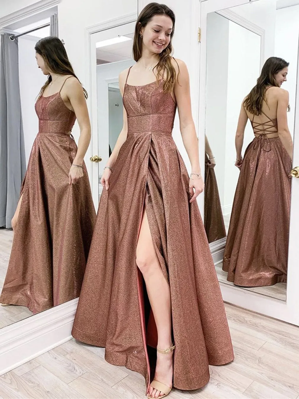 Shiny Open Back Brown Long Prom with Slit, Sparkly Brown Formal Evening