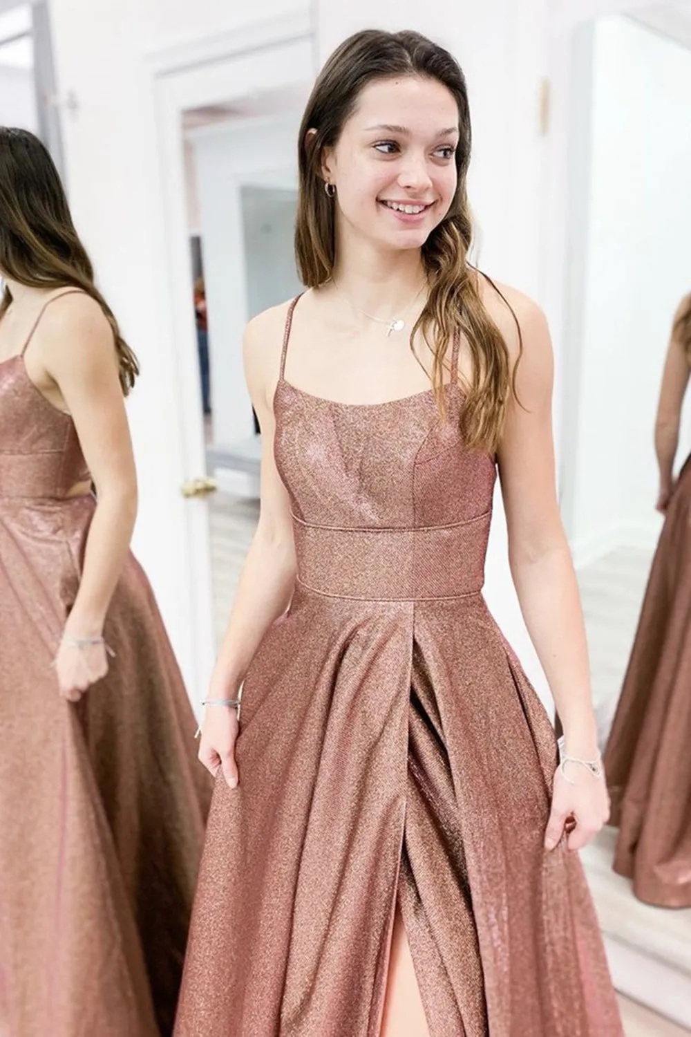 Shiny Open Back Brown Long Prom with Slit, Sparkly Brown Formal Evening