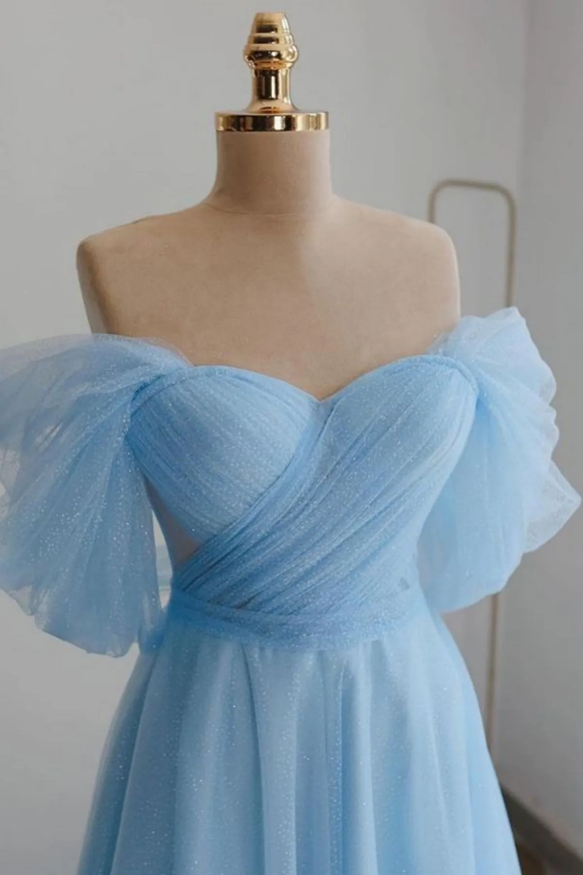 Shiny Tulle Off the Shoulder Light Blue/Lilac Tea Length Prom Dress, Light Blue/Lilac Homecoming Dress, Off Shoulder Formal Graduation Evening Dress A1963