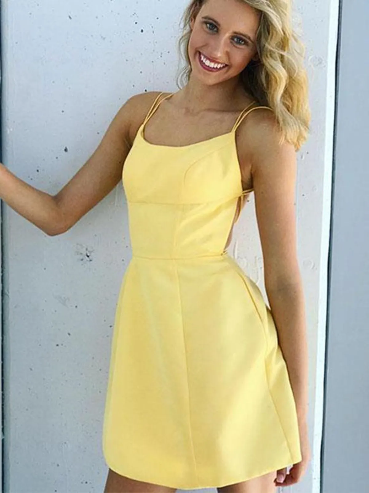 Short Backless Yellow Prom Homecoming Dresses, Backless Yellow Formal Graduation Evening Dresses