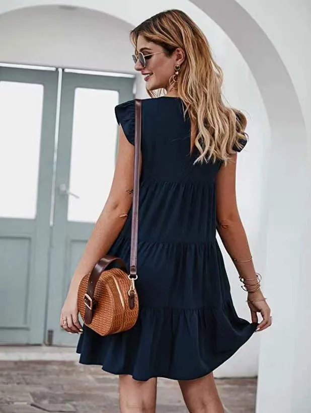 Short Sleeves Ruffle Layered Swing Cotton Dresses