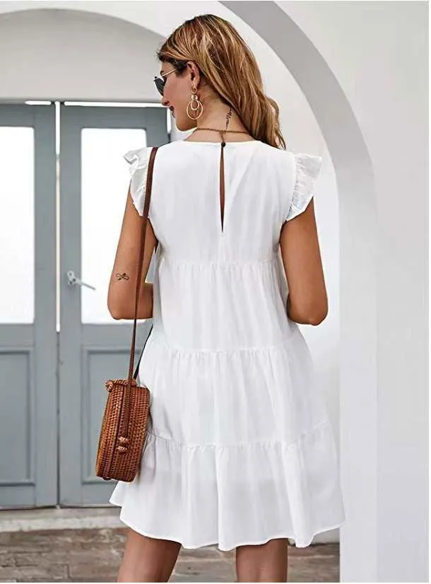 Short Sleeves Ruffle Layered Swing Cotton Dresses