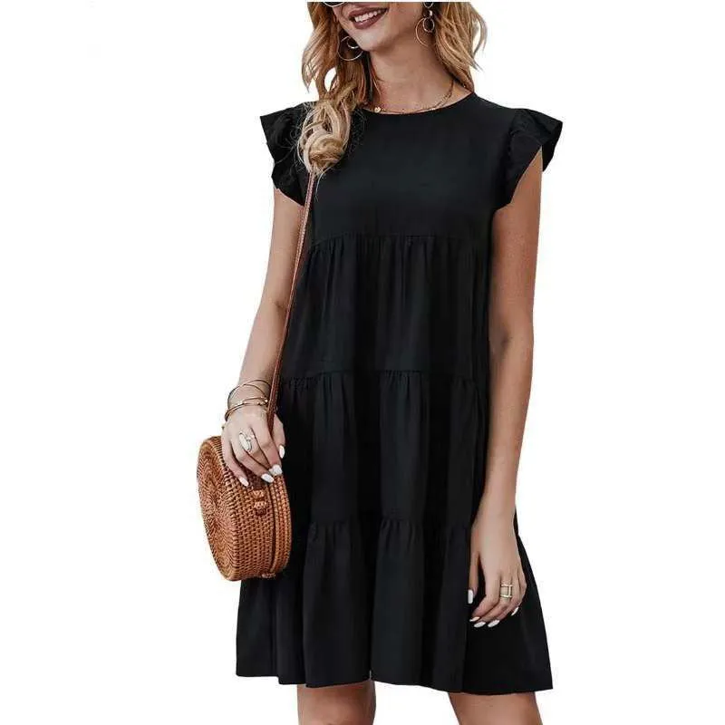 Short Sleeves Ruffle Layered Swing Cotton Dresses