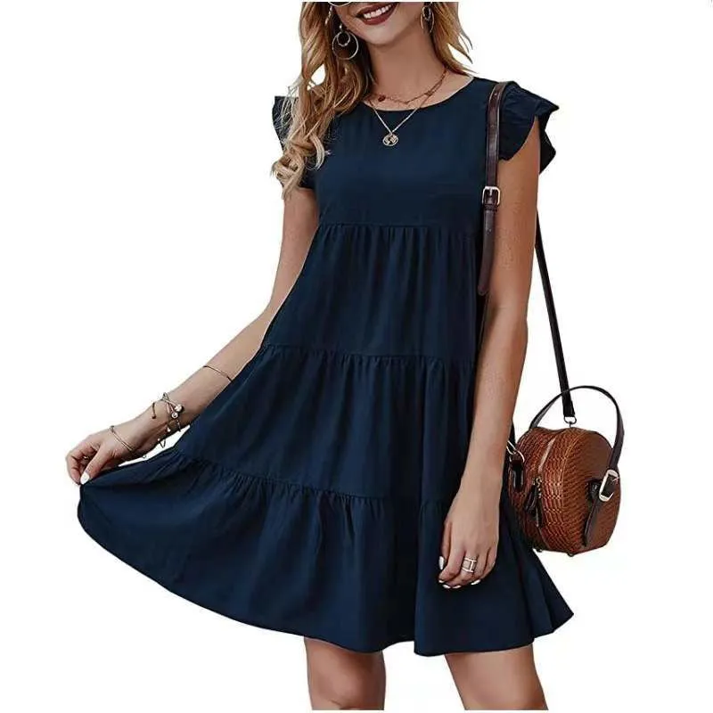 Short Sleeves Ruffle Layered Swing Cotton Dresses