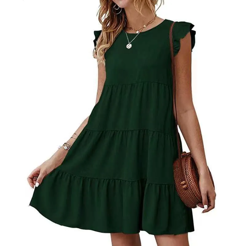 Short Sleeves Ruffle Layered Swing Cotton Dresses