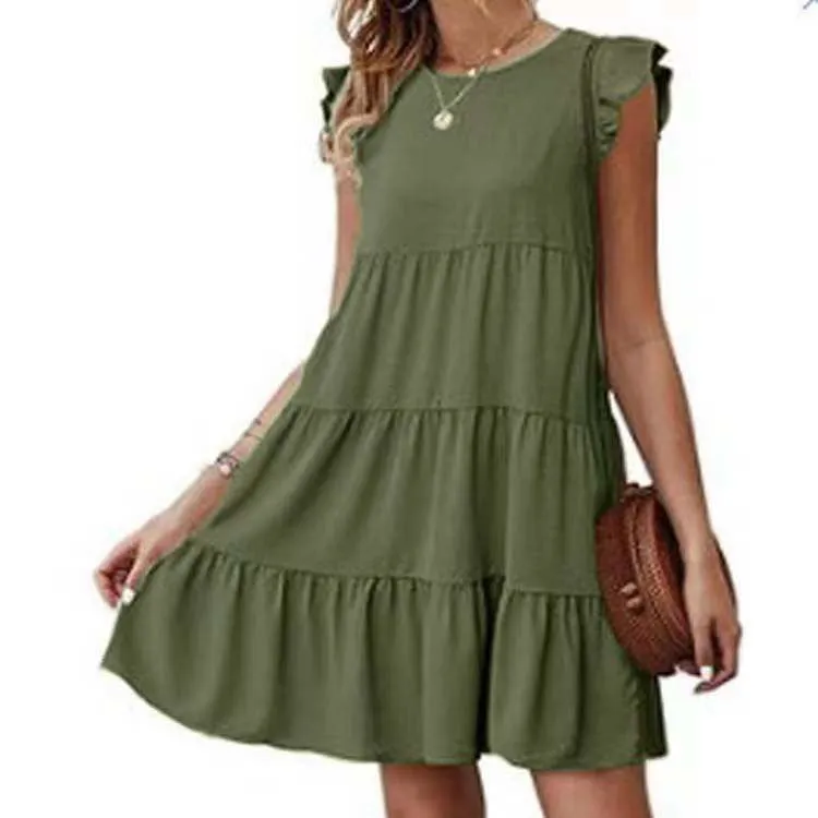 Short Sleeves Ruffle Layered Swing Cotton Dresses