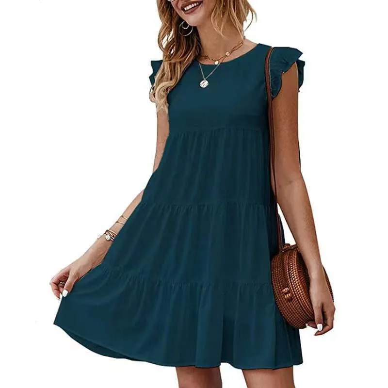 Short Sleeves Ruffle Layered Swing Cotton Dresses