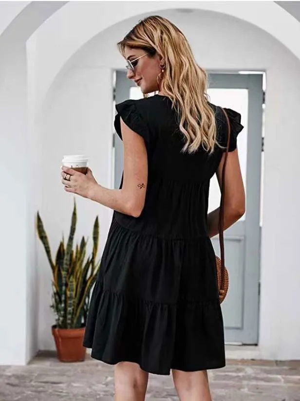 Short Sleeves Ruffle Layered Swing Cotton Dresses