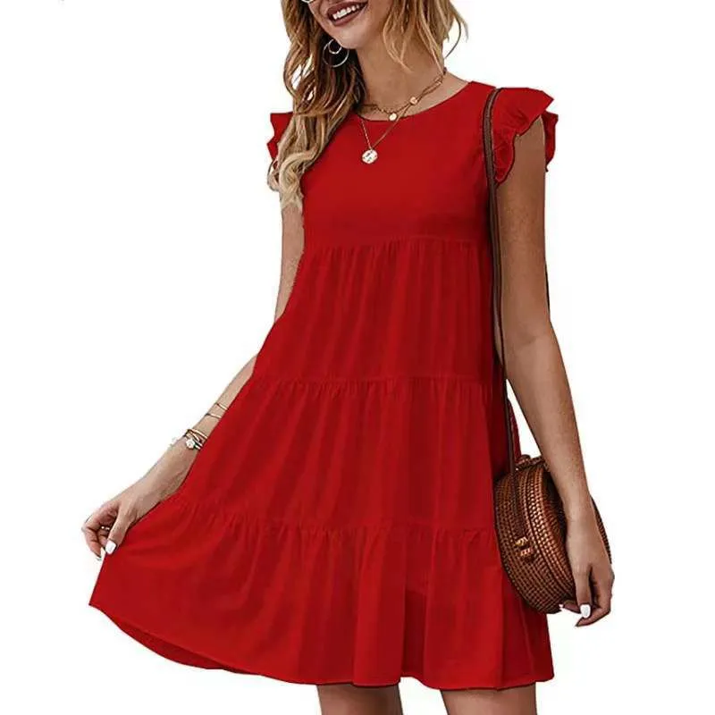 Short Sleeves Ruffle Layered Swing Cotton Dresses