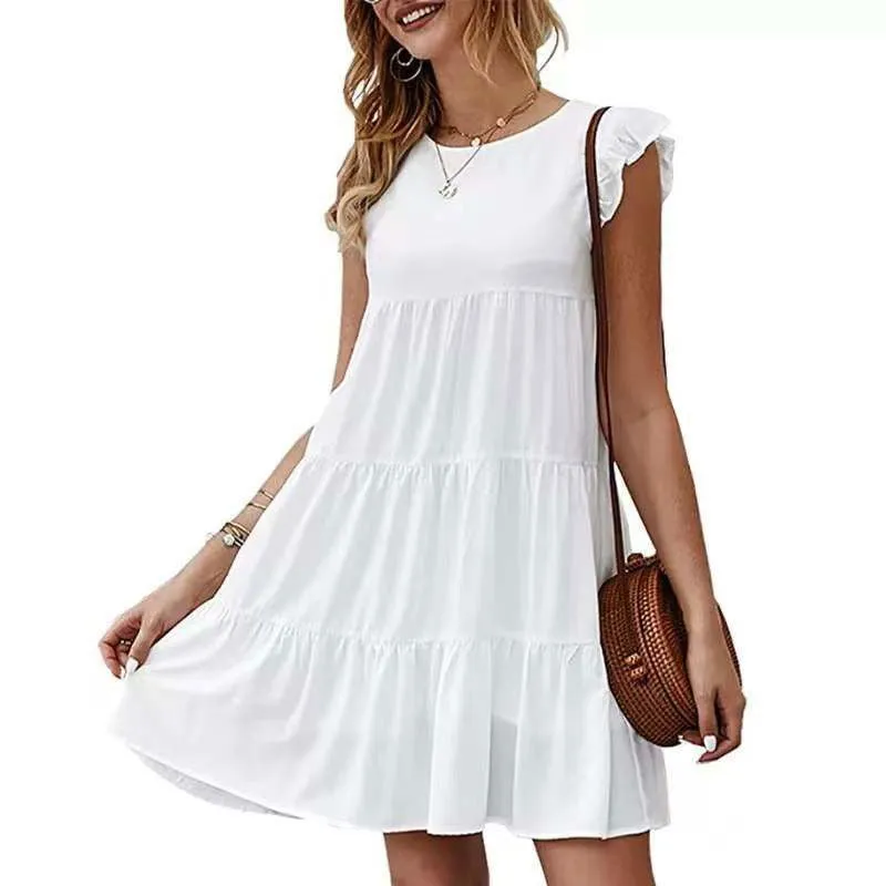 Short Sleeves Ruffle Layered Swing Cotton Dresses