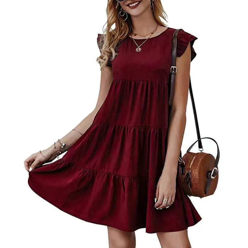 Short Sleeves Ruffle Layered Swing Cotton Dresses