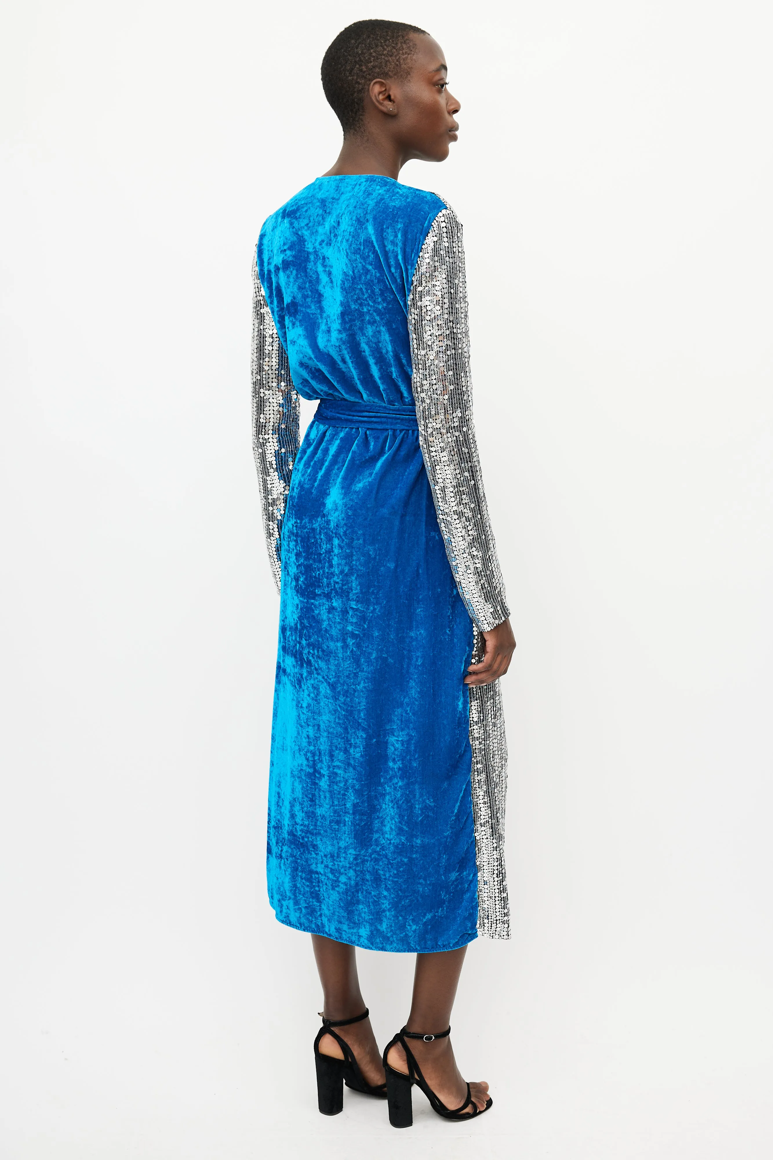 Silver & Blue Sequin Velvet Wrap Dress