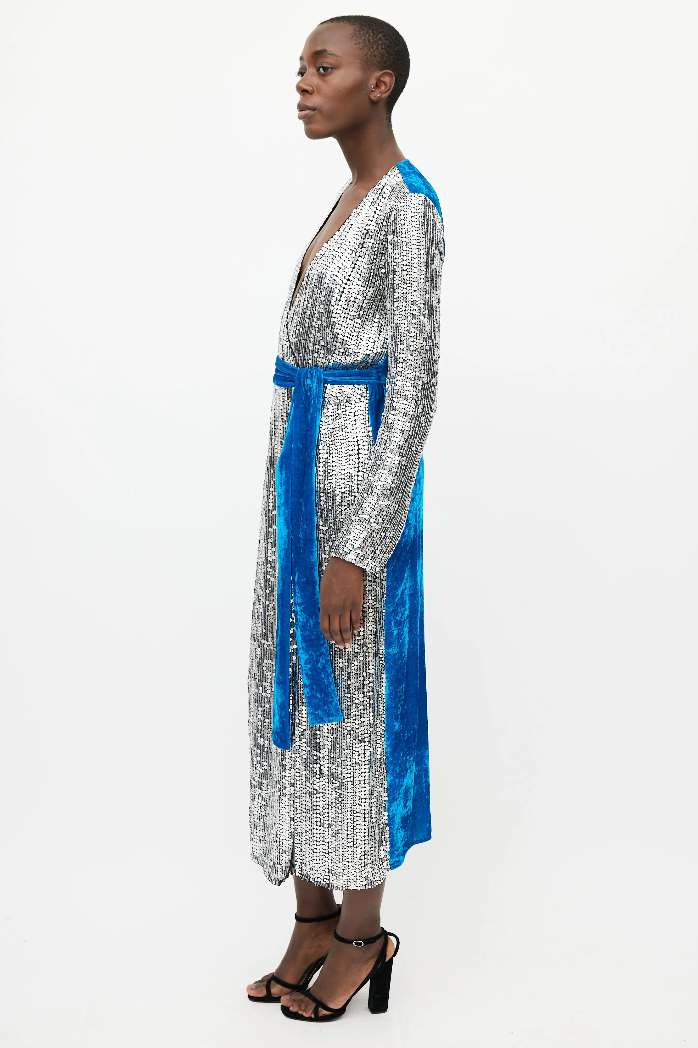 Silver & Blue Sequin Velvet Wrap Dress