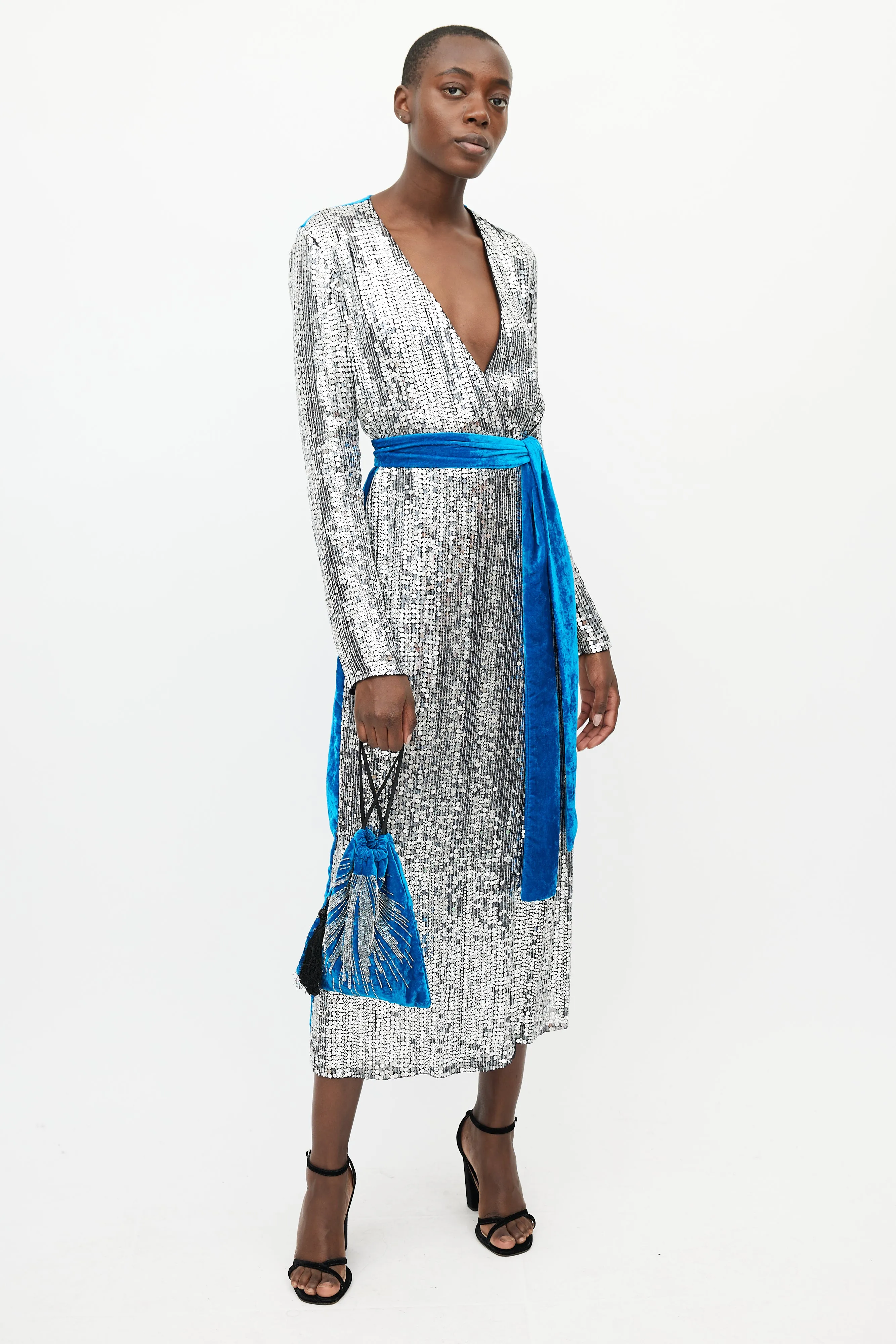 Silver & Blue Sequin Velvet Wrap Dress