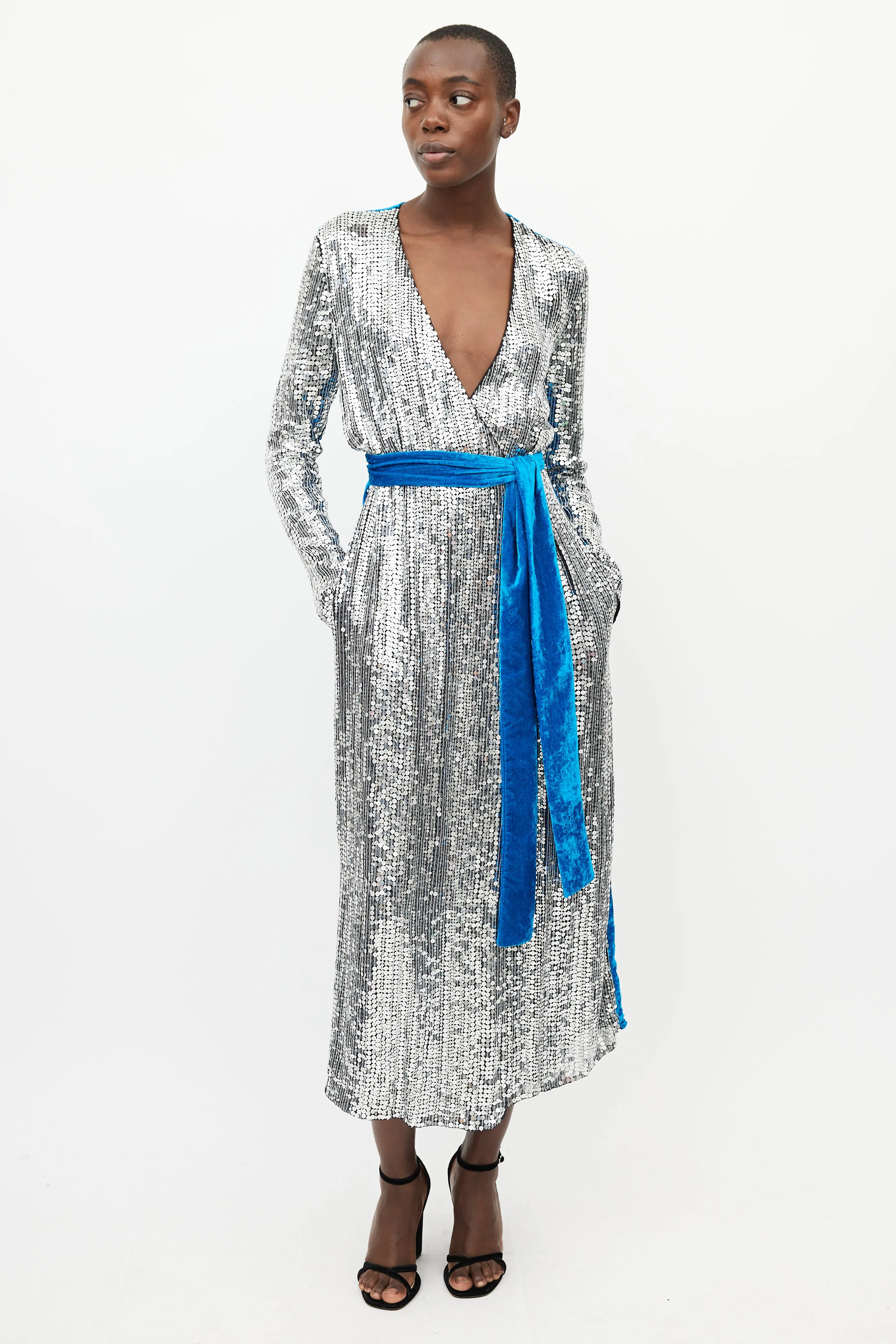 Silver & Blue Sequin Velvet Wrap Dress