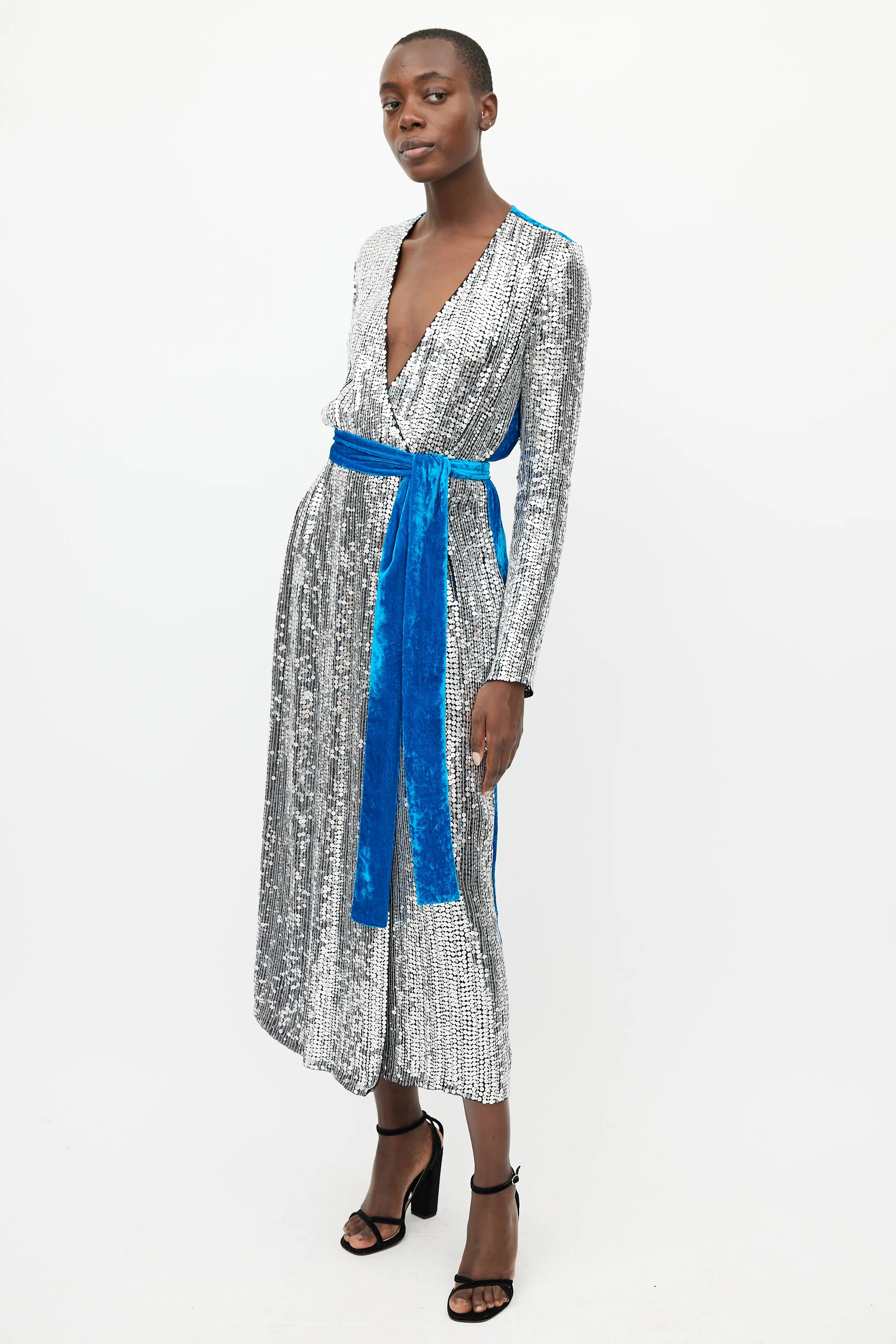 Silver & Blue Sequin Velvet Wrap Dress