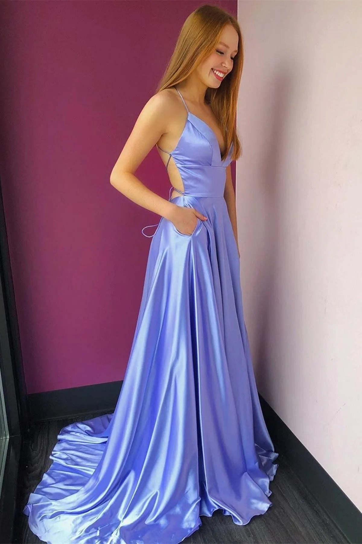 Simple High Slit V Neck Backless Lavender Long Prom Dress with Pockets, Backless Lavender Formal Graduation Evening Dress A1508