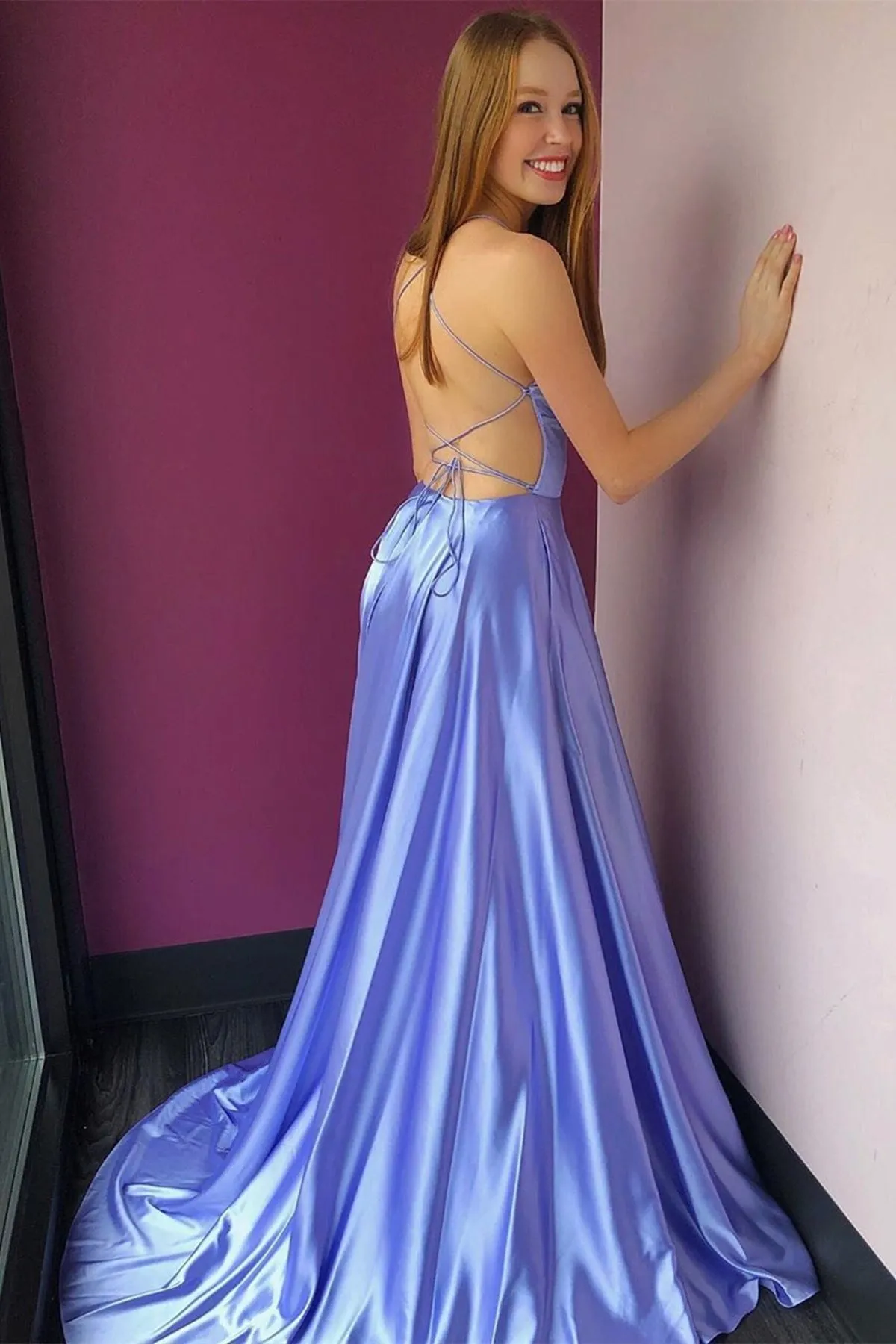 Simple High Slit V Neck Backless Lavender Long Prom Dress with Pockets, Backless Lavender Formal Graduation Evening Dress A1508