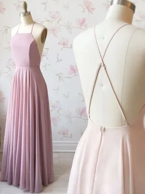 Simple Pink A Line Backless Long Prom, Pink Backless Formal, Pink Evening