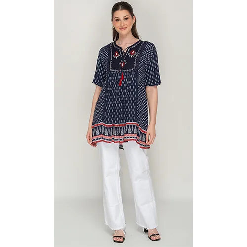 Sleeve Less Navy Blue Printed Tunic Dress For Women