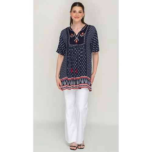 Sleeve Less Navy Blue Printed Tunic Dress For Women