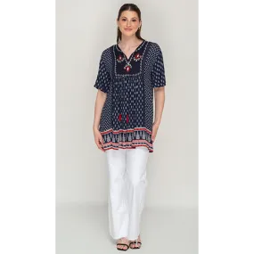 Sleeve Less Navy Blue Printed Tunic Dress For Women