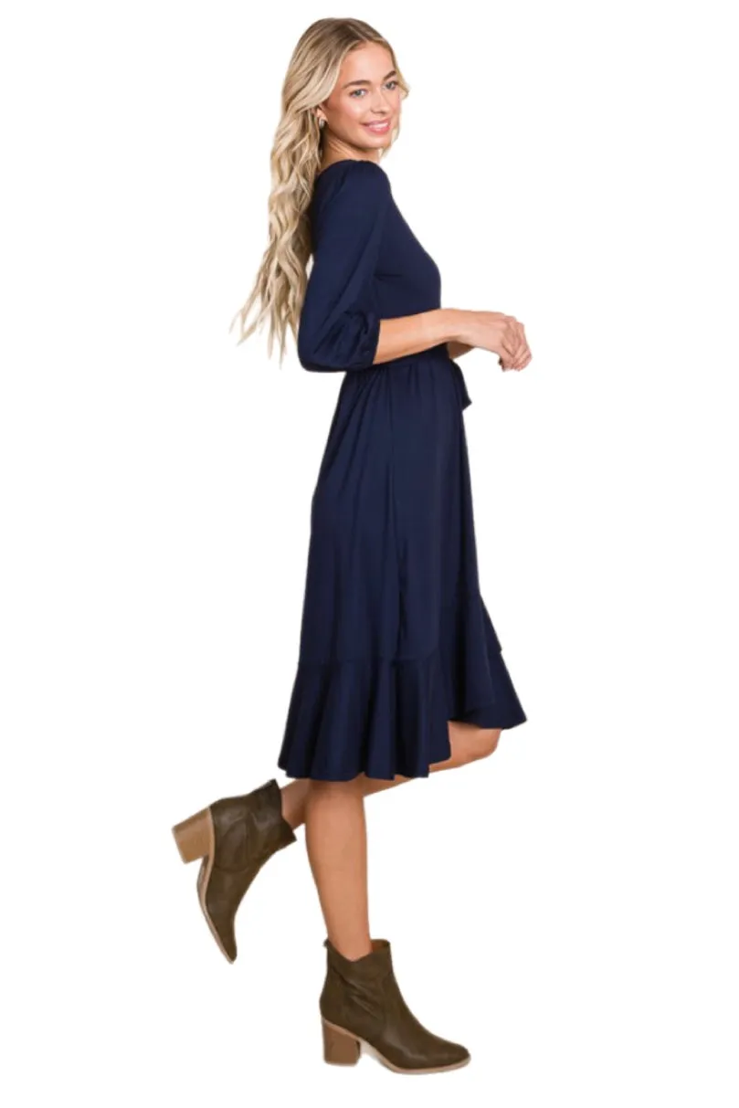 Solid 3/4 Sleeve Midi Dress Style 4137 in Navy or Black