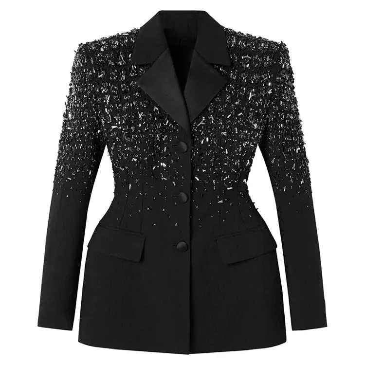 Solid Spliced Diamonds Slim Blazers For Women Notched Collar Long Sleeve Tunic Patchwork Button Chic Coat Female