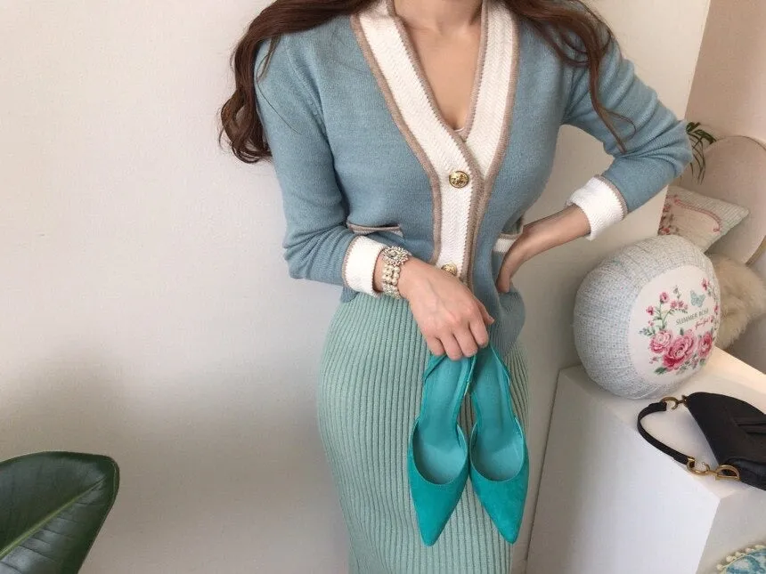 South Korea Chic Brim Contrast Color Sweet Knitted Cardigan