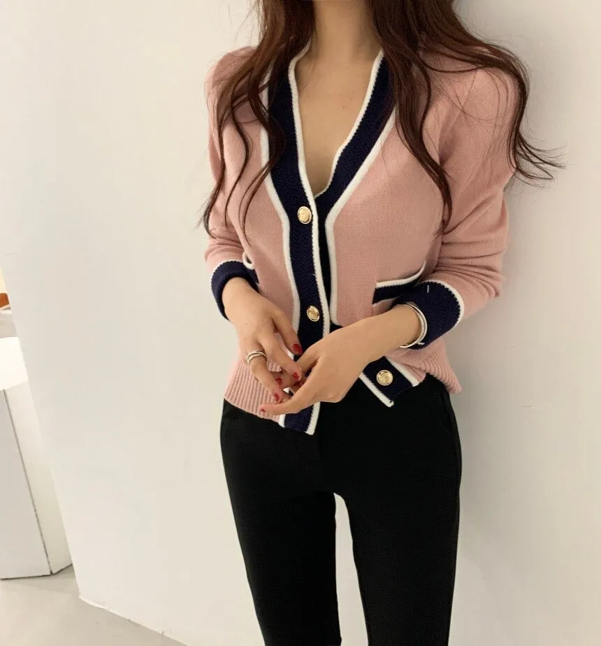 South Korea Chic Brim Contrast Color Sweet Knitted Cardigan